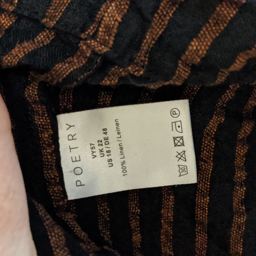 Poetry Tunic Top Linen V-Neck Striped Shirt Women 18 Black Copper Pinstripe - Picture 3 of 6